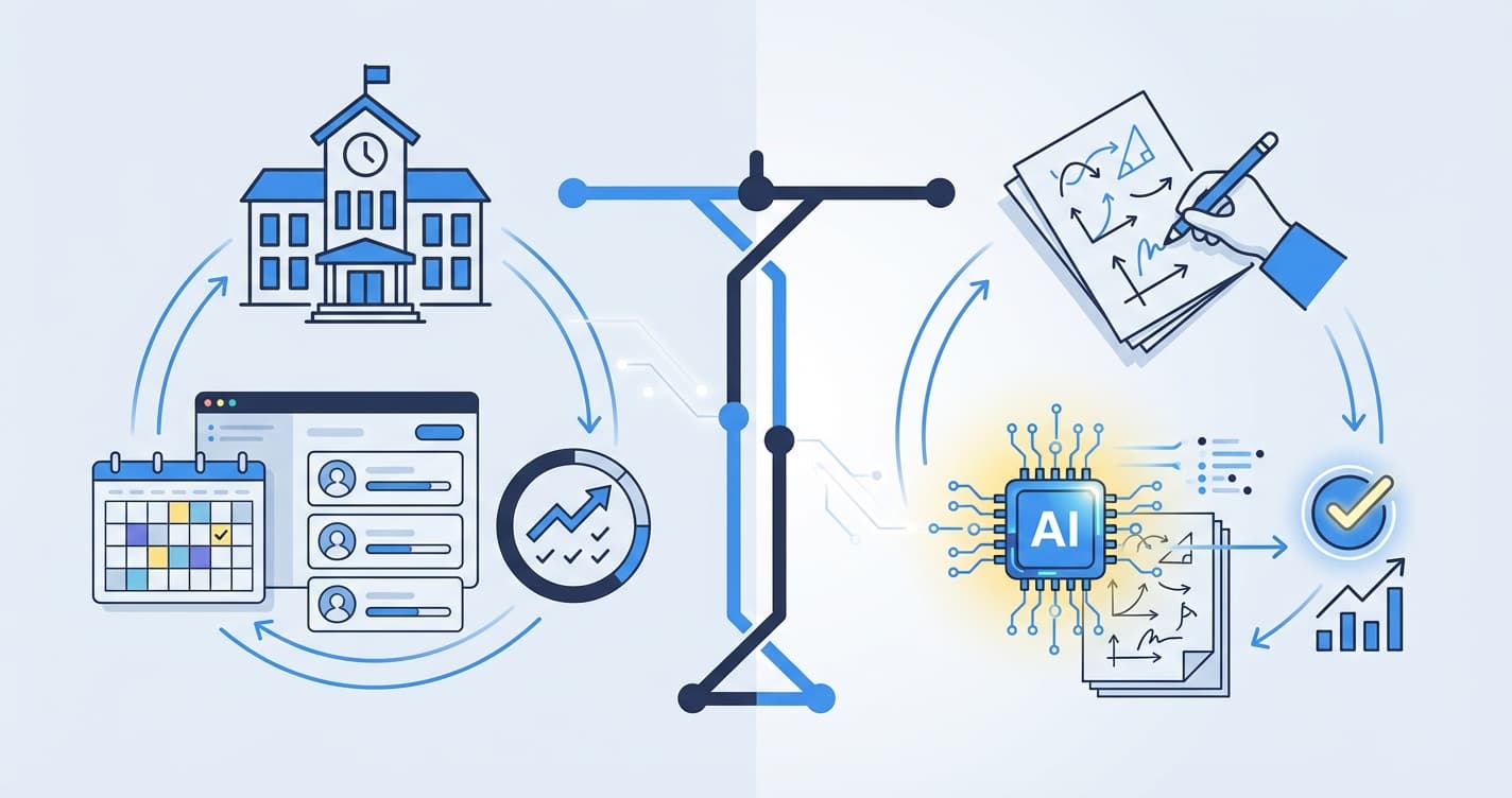 Stylized illustration for comparison: IntelGrader vs Teachmint: AI Grading vs School Management for India