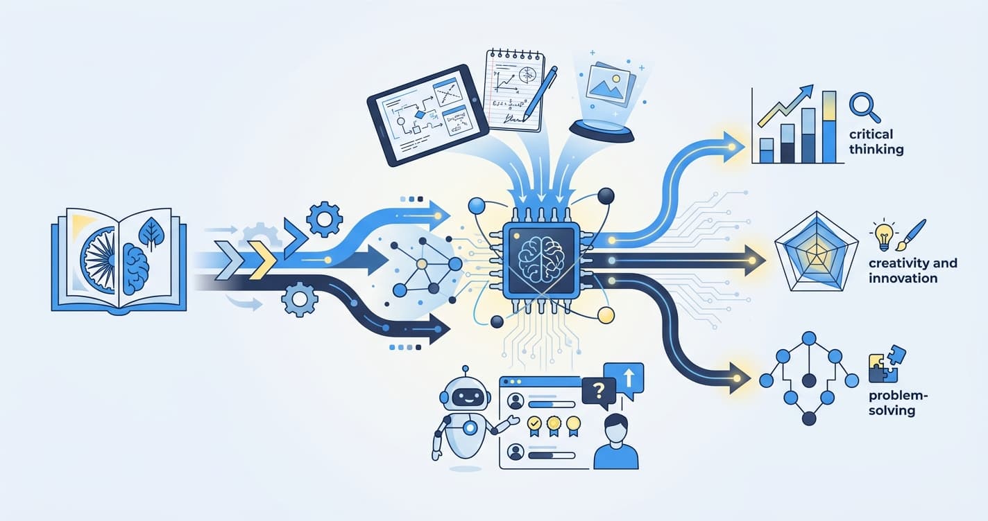 Stylized illustration for blog: NEP 2020 and AI Assessment: How Technology Supports Competency-Based Evaluation