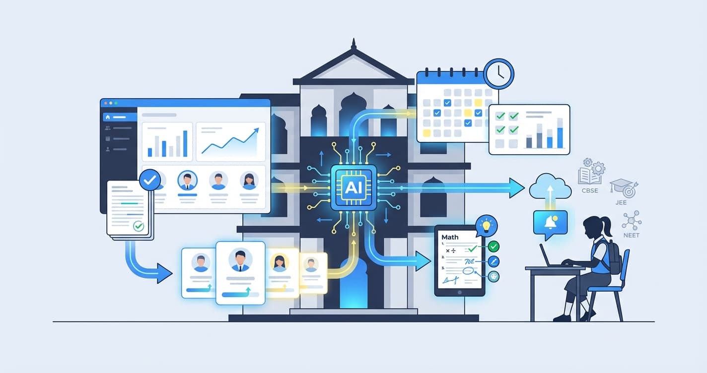 Stylized illustration for landing page: AI-Powered Tuition Management for Coaching Centres & Schools in India