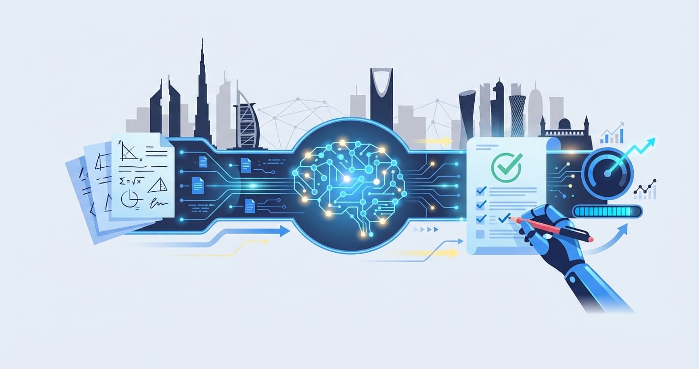 Stylized illustration for landing page: AI-Powered Grading for Tutoring Centers in the Middle East | Dubai, Riyadh, Doha