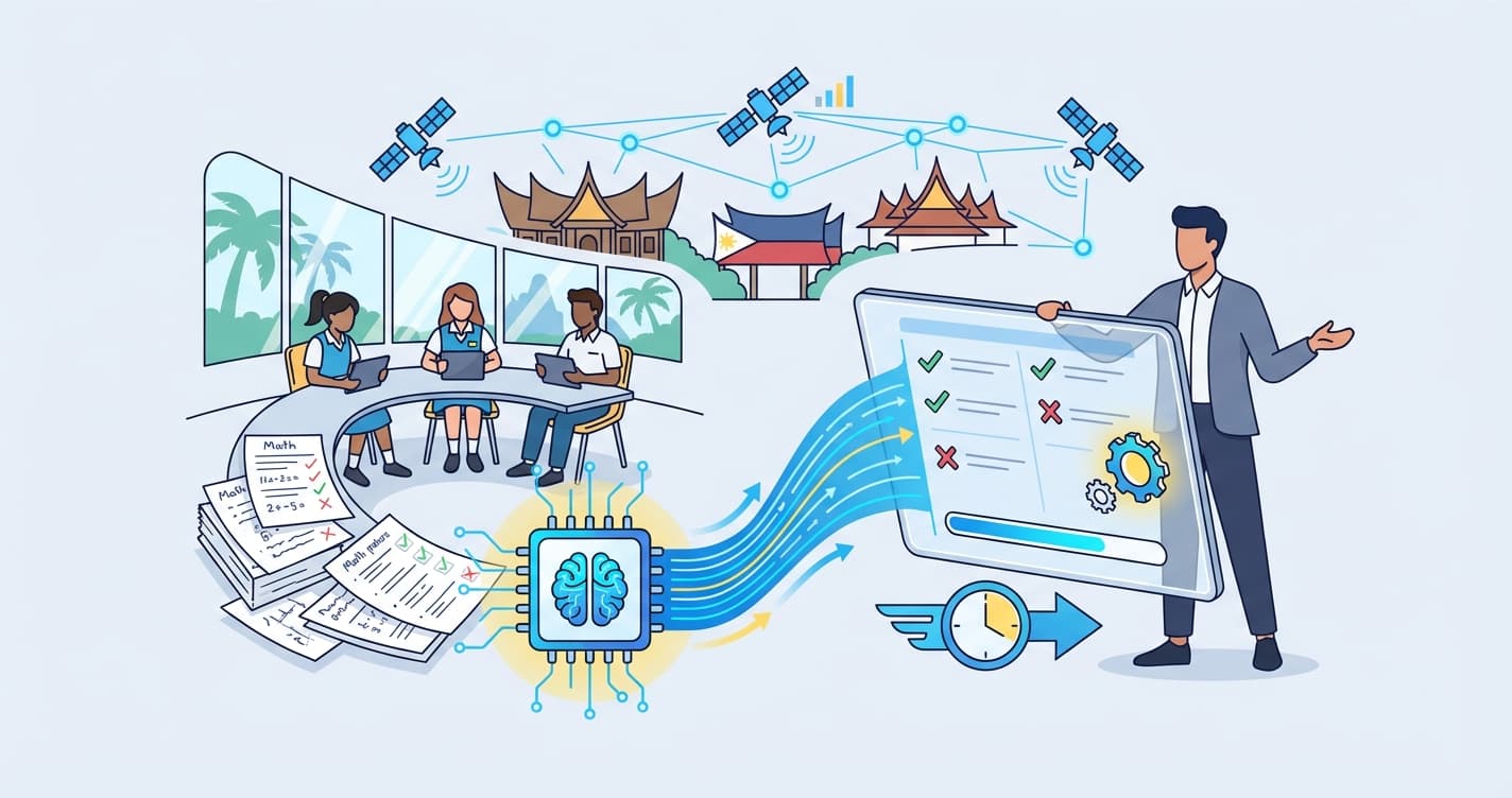 Stylized illustration for landing page: Automated Marking for Tuition Centres in Southeast Asia | Malaysia, Philippines, Indonesia