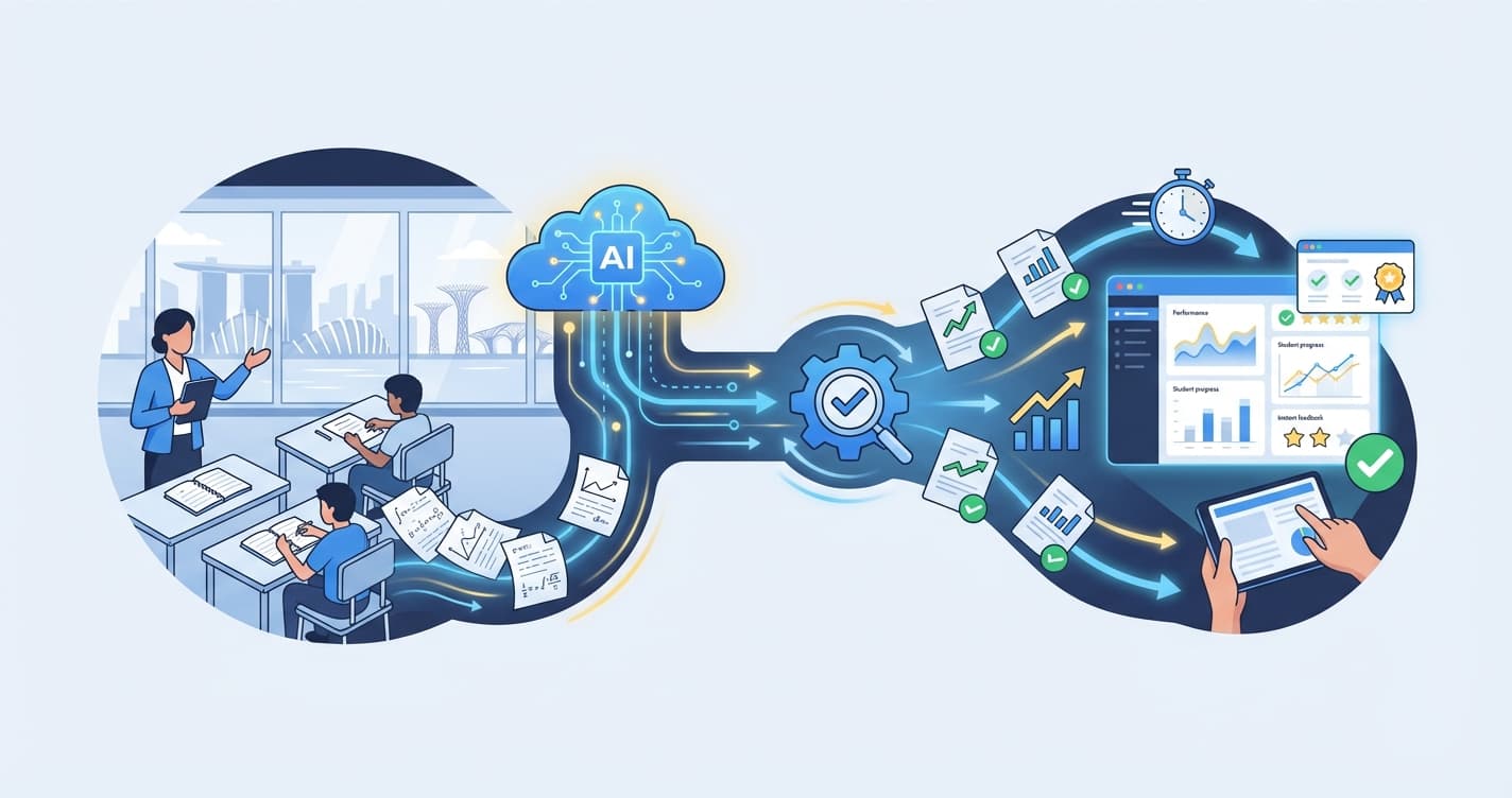 Stylized illustration for landing page: Automated Marking for Tuition Centres in Singapore | AI-Powered