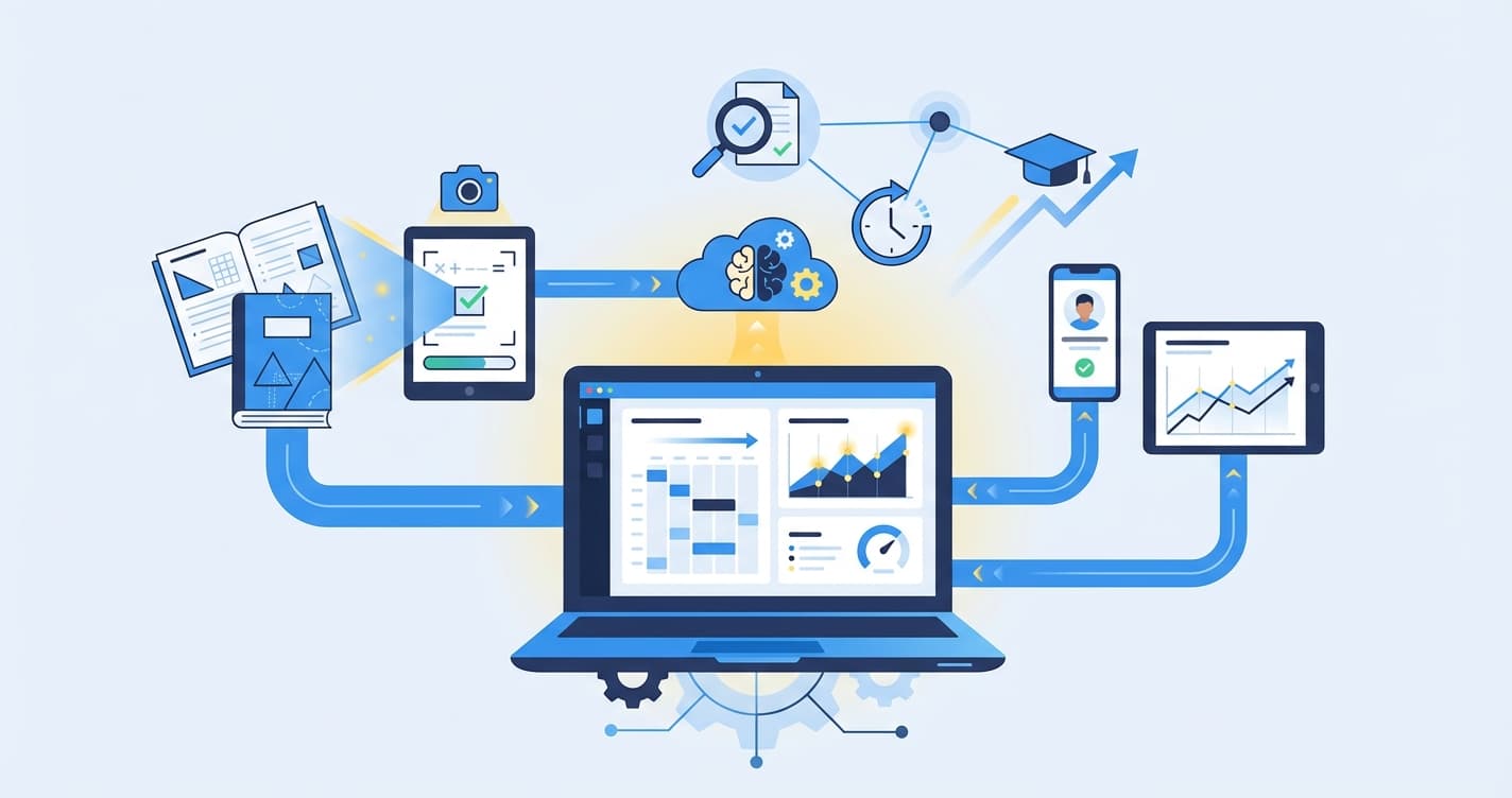 Stylized illustration for landing page: AI Tutoring Management Software | Automated Grading for Tutoring Centers