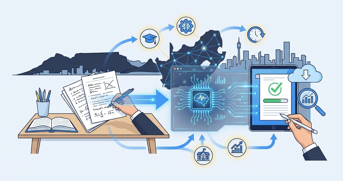 Stylized illustration for landing page: Automated Marking for Tutoring Centres in South Africa | AI-Powered